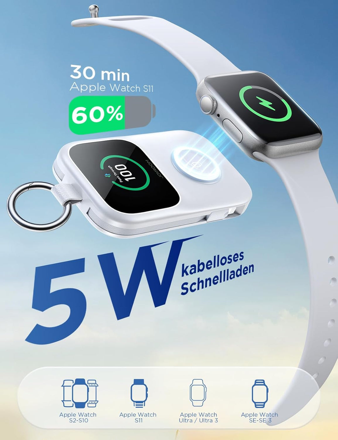 JOYROOM 5000mAh Mini Powerbank für Apple Watch 11 mit USB C Ladekabel,【LED-Display & Schlüsselanhäng