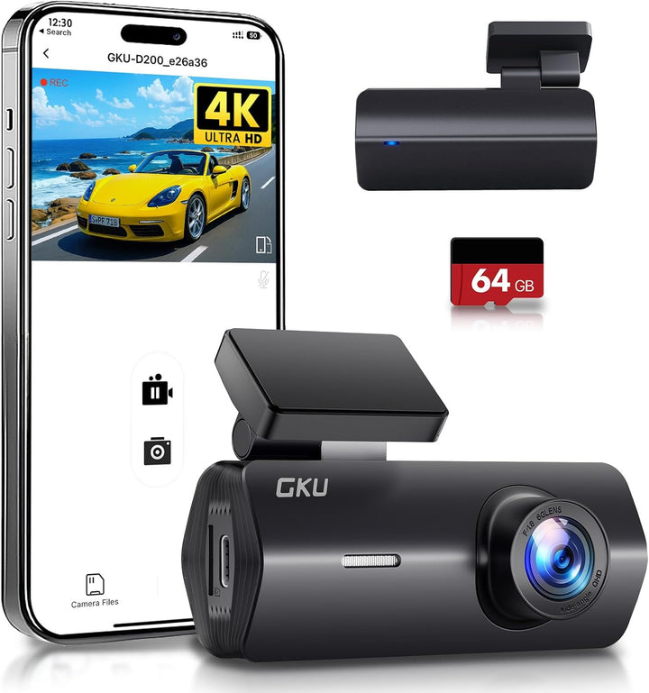 GKU 4K Dashcam Auto,Dashcam Auto vorne,Mini Auto Kamera mit integriertem WLAN,170° Weitwinkel,Nachts