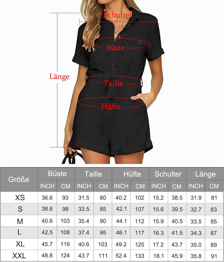 Roskiky Damen Sommer Taschen Gürtel Strampler Knopf Kurzarm Jumpsuit Playsuit M Blau, M Blau