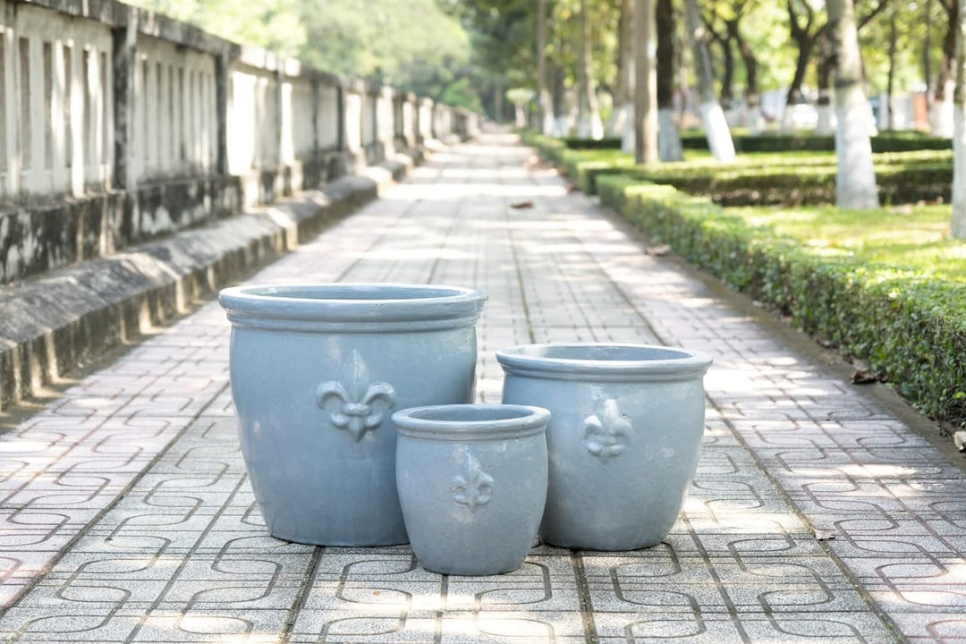 Pflanzgefäss Blumentopf Übertopf Fleur de LYS mit Lilie Keramik Blau Weiss Grau glasiert absolut Fro