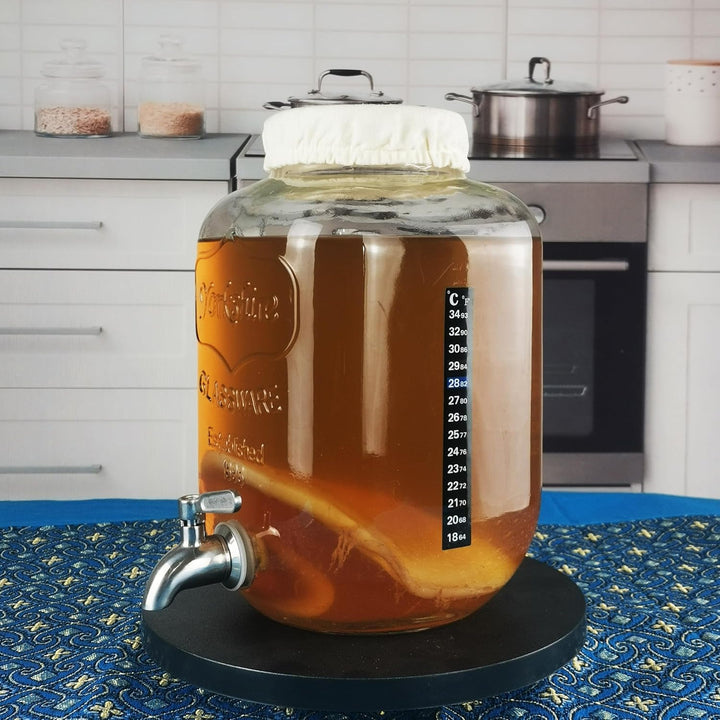 Kombucha Brauset mit 5,0L Glasfermenter & Hahn – Komplett-Set mit Edelstahl-Trichter, Tuch, Temperat