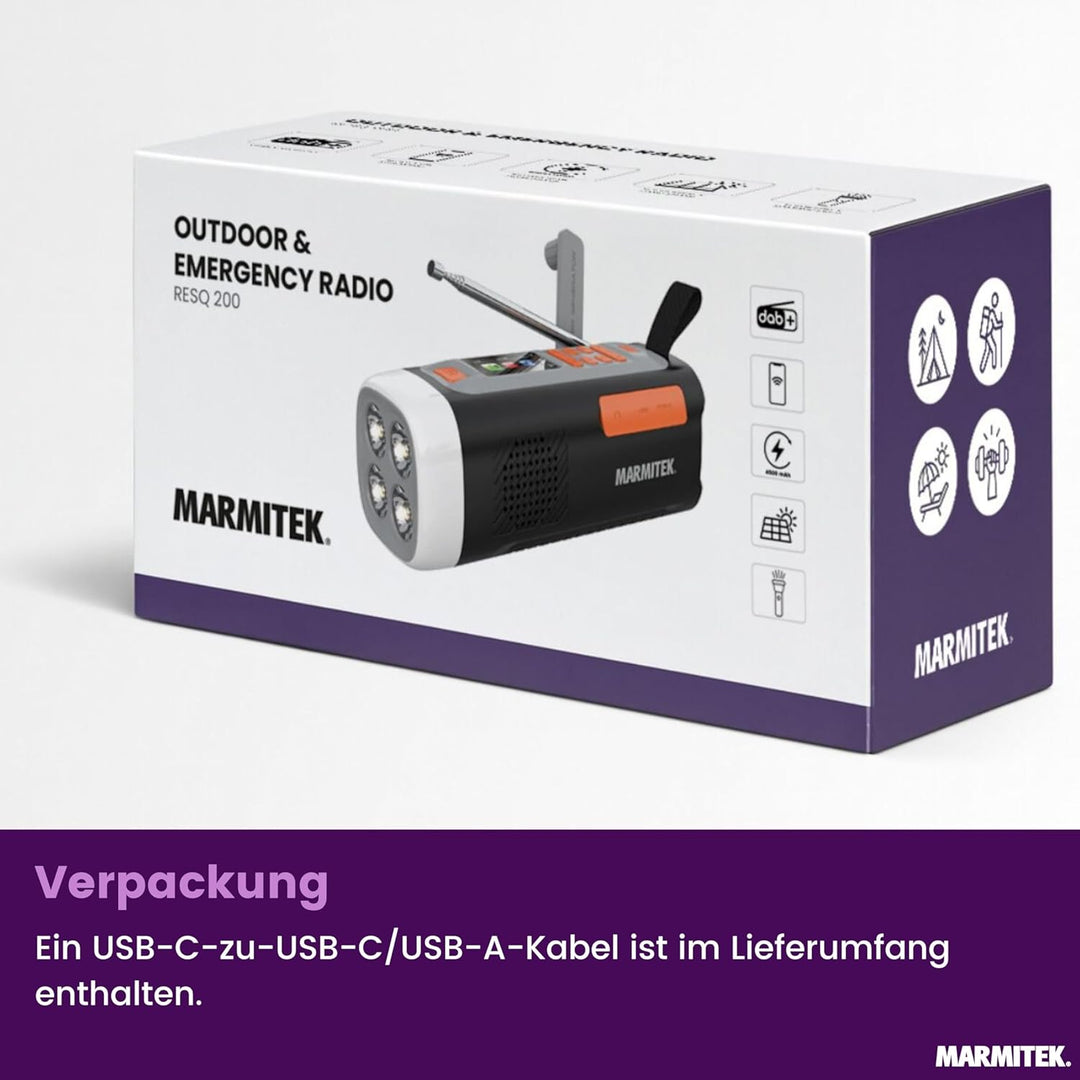 Kurbelradio Marmitek RESQ 200 – Solar Notfallradio mit DAB+, Farbdisplay & 360° LED Licht – Powerban