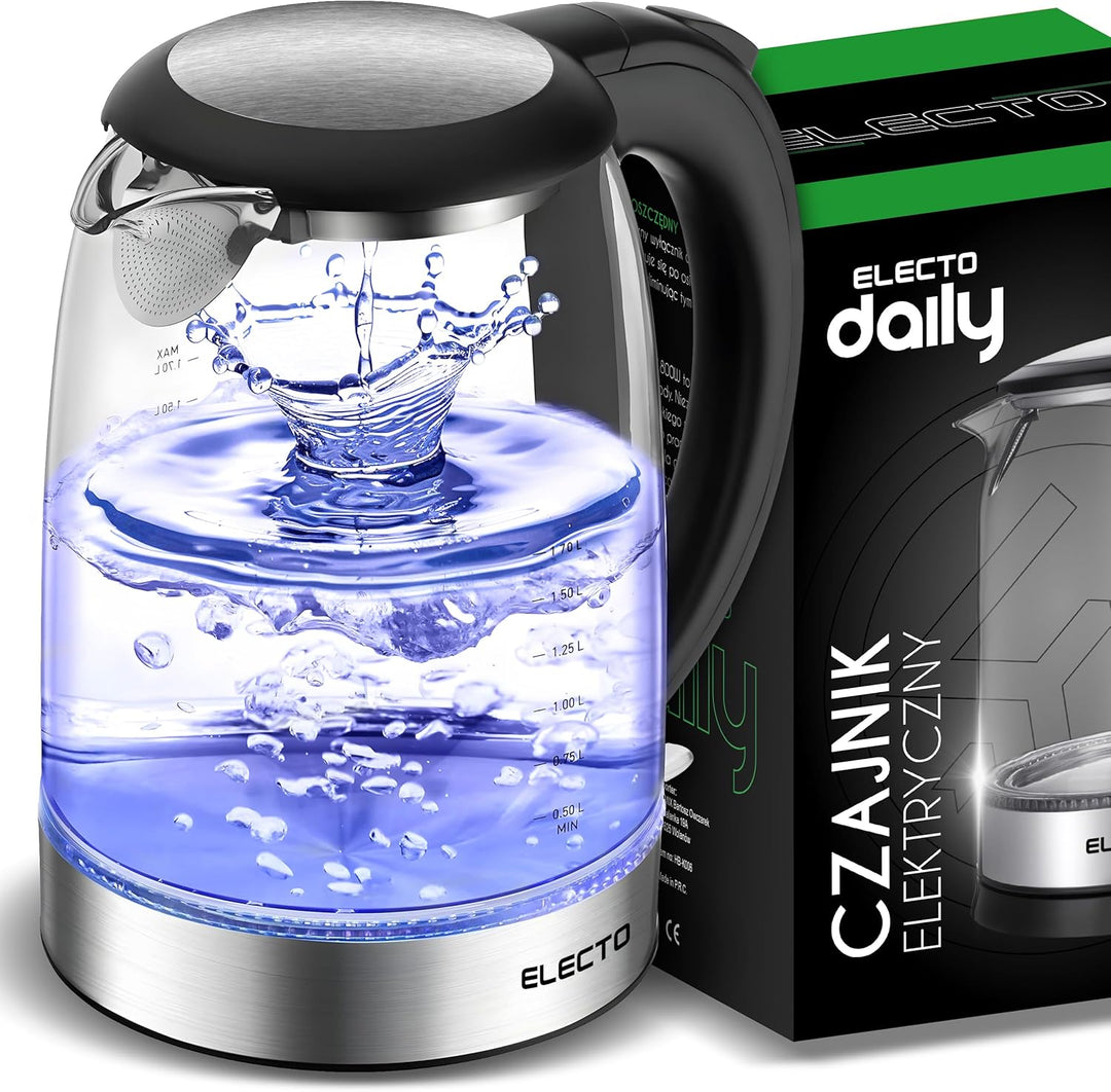 ELECTO Elektrischer Glaswasserkocher 1,7 L – 1800 W – LED-Beleuchtung – Edelstahlboden – Automatisch