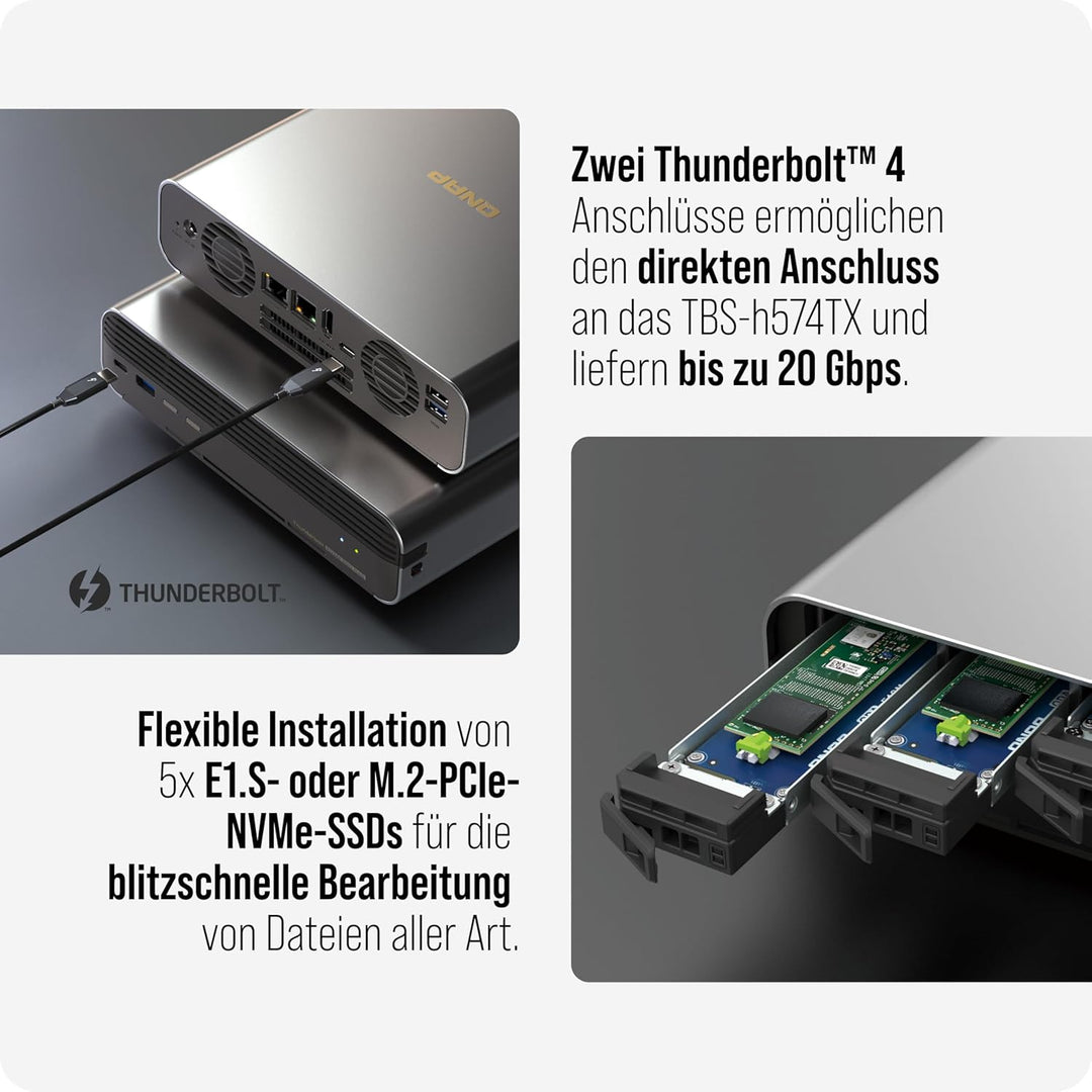 Qnap TBS-h574TX-i3-12G Thunderbolt Compact All-Flash | 5 x E1.S or M.2 SSD's, Intel Core i3-1320PE (