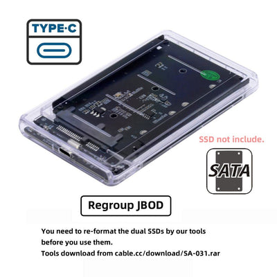 CY M.2 SATA SSD auf 2.5inch SATA Adapter,Dual NGFF B+M Key M.2 SSD auf USB C JOBD Raid0 Span Bridge