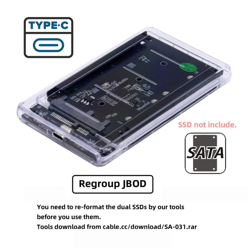 CY M.2 SATA SSD auf 2.5inch SATA Adapter,Dual NGFF B+M Key M.2 SSD auf USB C JOBD Raid0 Span Bridge