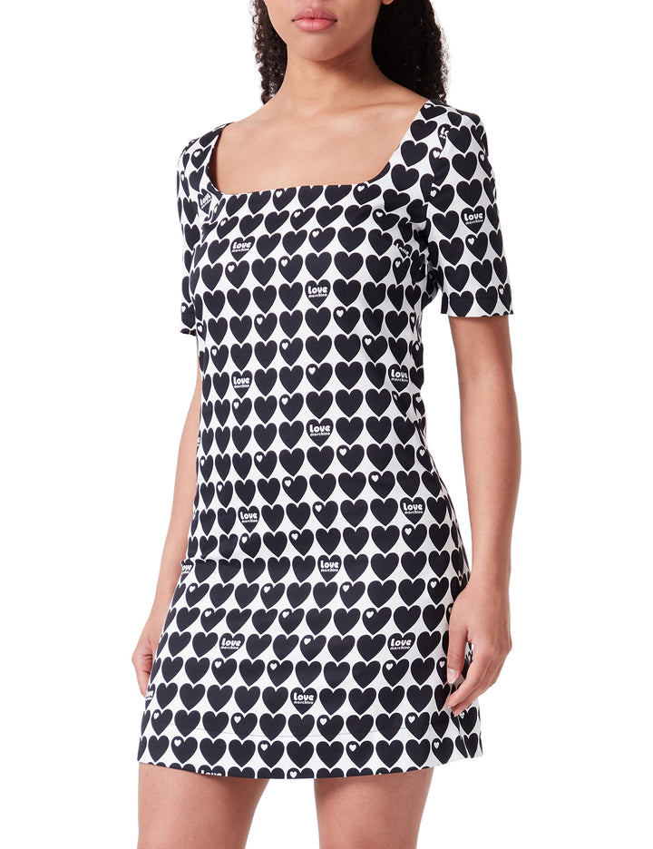 Love Moschino Damen Slim Fit Short with Square Neckline Dress 34 White Black, 34 White Black