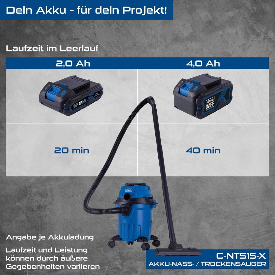Scheppach Akku Nass-Trockensauger C-NTS15-X | Saugleistung 10kPa | Behältervolumen 12L | Schlauch 1,