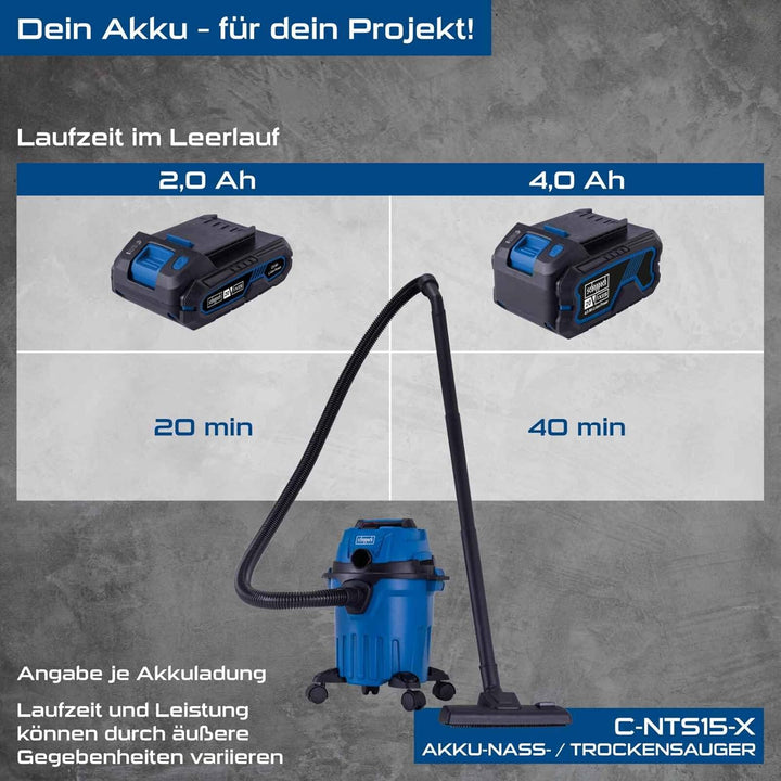 Scheppach Akku Nass-Trockensauger C-NTS15-X | Saugleistung 10kPa | Behältervolumen 12L | Schlauch 1,