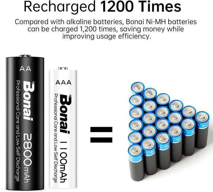 BONAI Akku AA AAA 2800/1100mAh 24 Stück Wiederaufladbare Batterien hohe Kapazität 1,2V AA/AAA Accu N