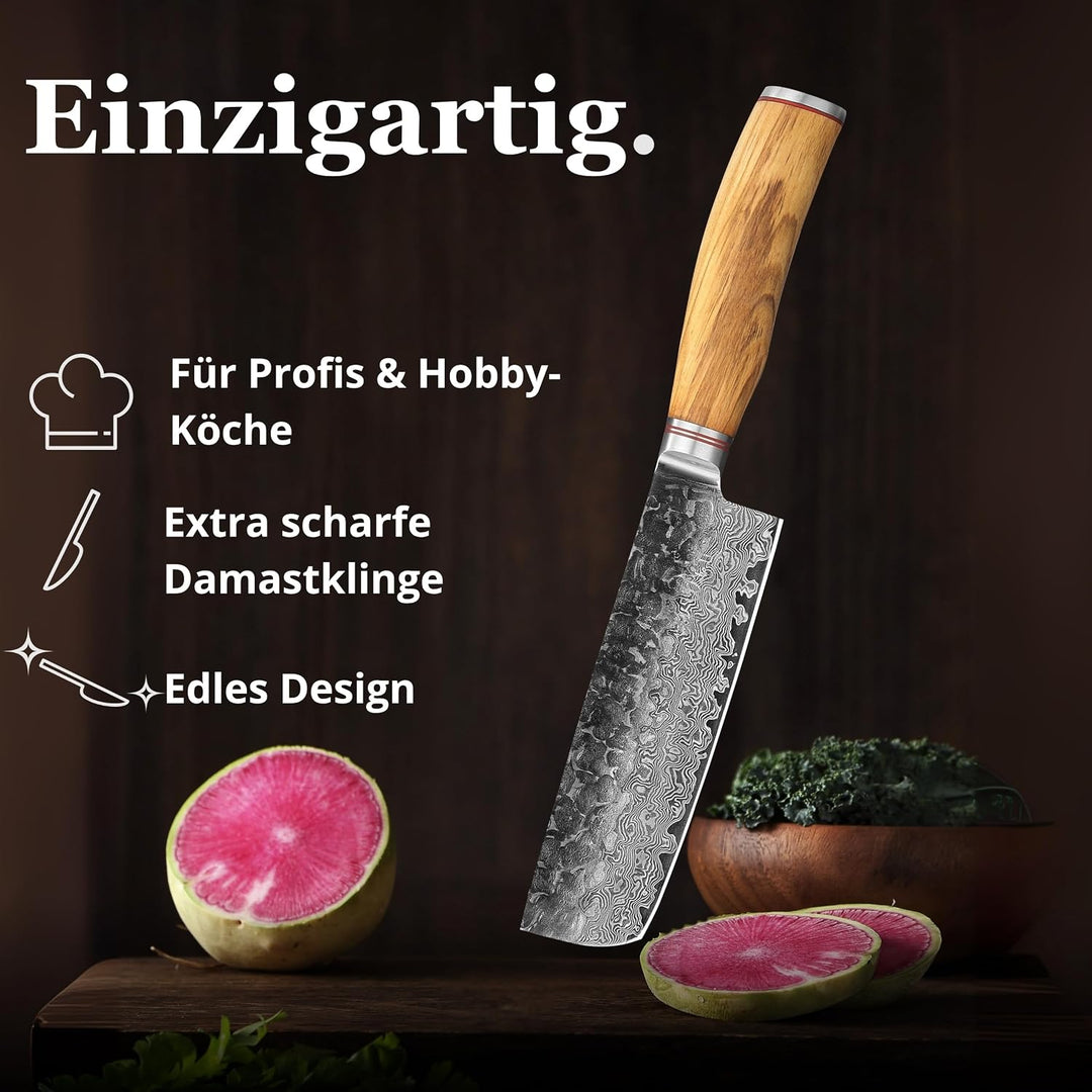 Wakoli Olive HS Serie Damastmesser Nakirimesser 17 cm Klinge extrem scharf aus 67 Lagen I Damast Pro