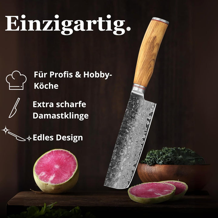 Wakoli Olive HS Serie Damastmesser Nakirimesser 17 cm Klinge extrem scharf aus 67 Lagen I Damast Pro