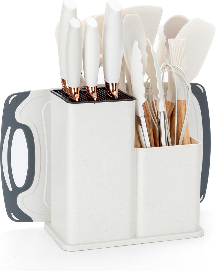 EliteHoff Küchenmesser-Set 19-teilig – Silikon-Küchenutensilien-Set mit Holzgriffen, 5 Messer, 12 Ko
