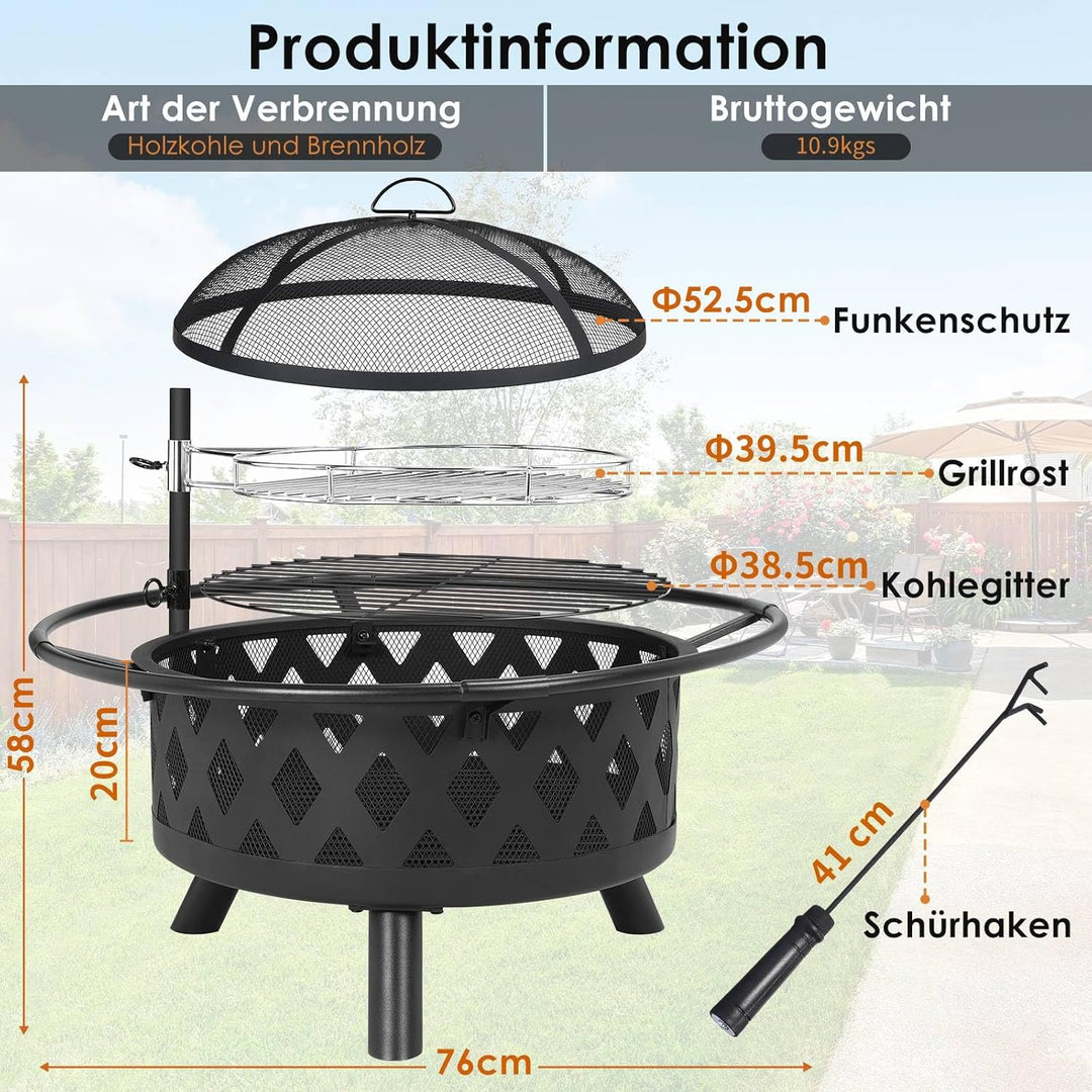 Feuerschale mit Drehbarem Grillrost, Feuerschale Gross, Feuerschalen für den Garten mit Funkenschutz