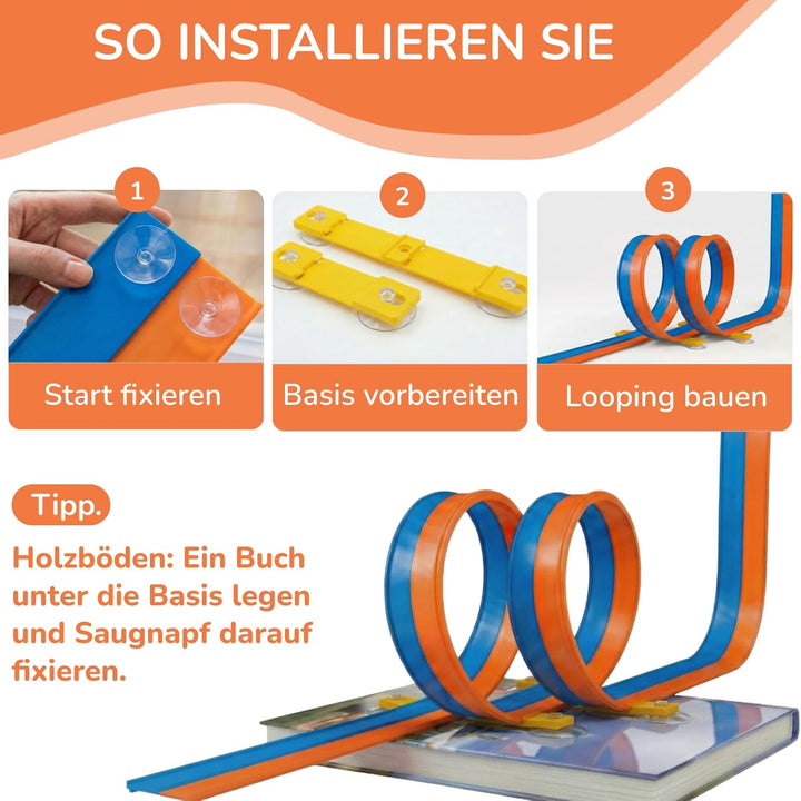 5M Flexible Autorennbahn Set mit 2 Loopings, 2-in-1 Rennbahn mit Autos & Tragtasche, Schwerkraft & P