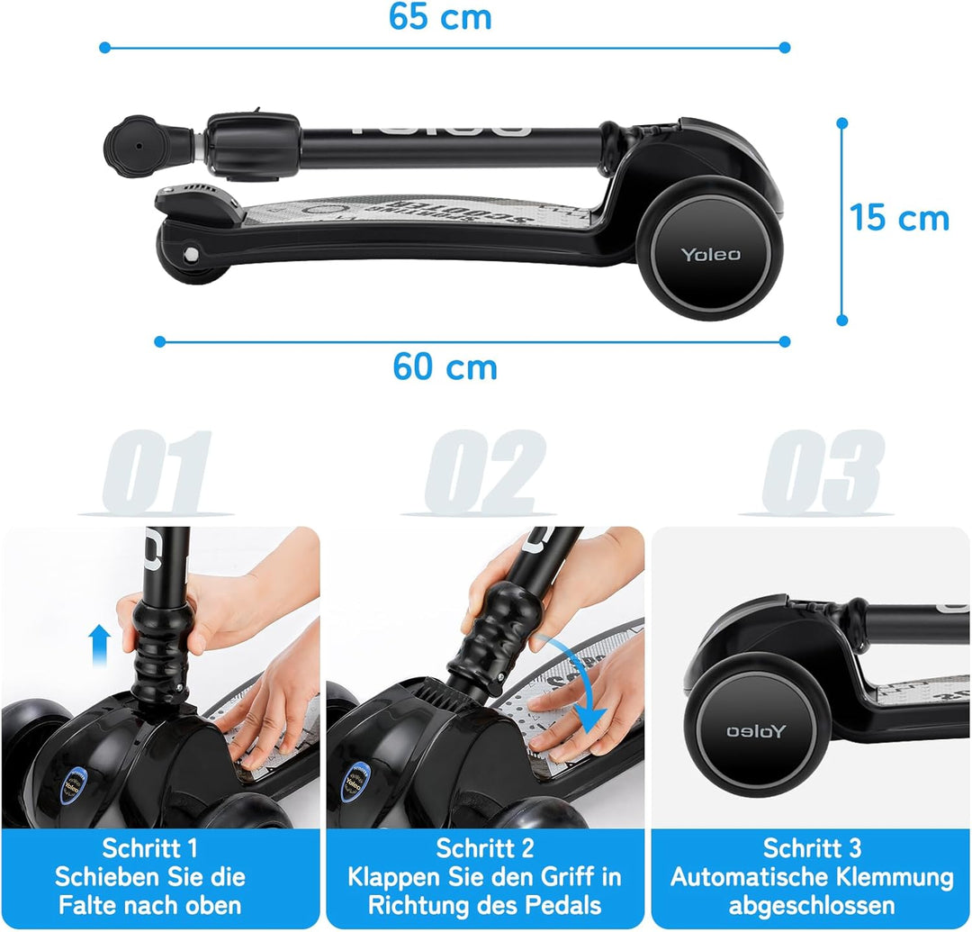YOLEO Kinderoller Kinderscooter Dreiradscooter mit LED Räder, 2-Rädern Hinterbremsen,4 Höhenverstell