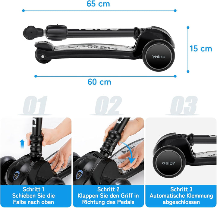 YOLEO Kinderoller Kinderscooter Dreiradscooter mit LED Räder, 2-Rädern Hinterbremsen,4 Höhenverstell