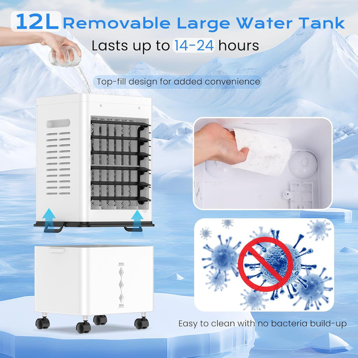 Klimaanlage Mobil 45W, 3-seitiger Klimaanlage Ohne Abluftschlauch, 6 Modi, 12L Abnehmbarem Tank, 60/