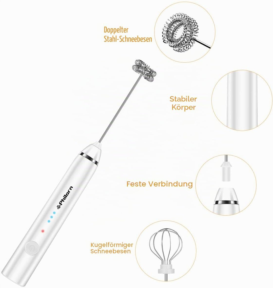 Philorn Milchaufschäumer Stab, Milchaufschäumer Elektrisch Stab Hand Held, 3-Gang USB-C Aufladbar Au