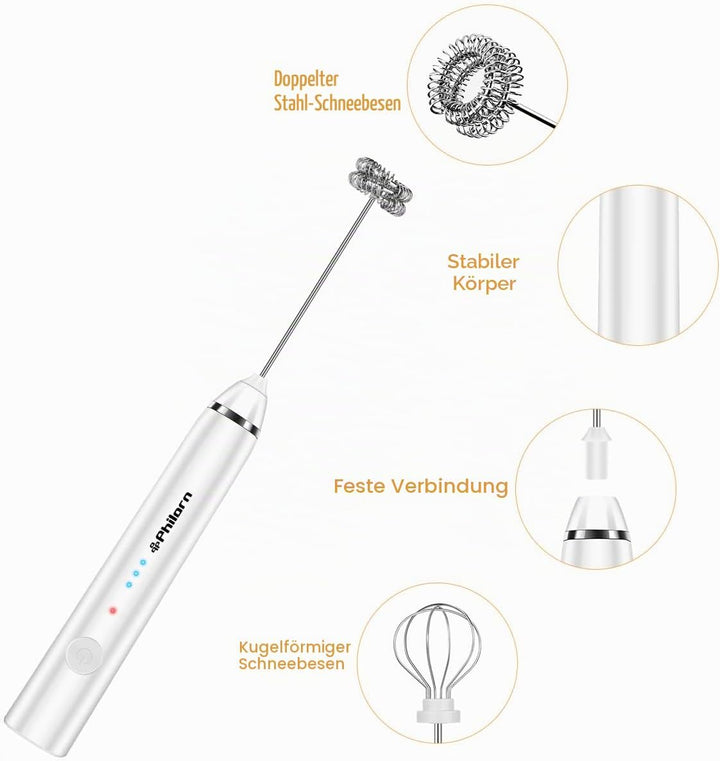 Philorn Milchaufschäumer Stab, Milchaufschäumer Elektrisch Stab Hand Held, 3-Gang USB-C Aufladbar Au