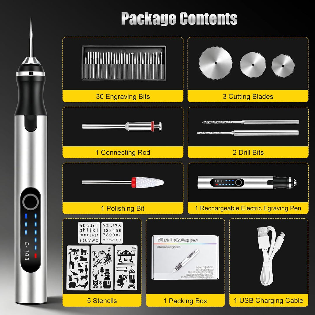 Multifunktionswerkzeug Akku Gravierstift Kabellos Gravur Werkzeug Kit mit 37 Bits, Gravierer 3-Gang-