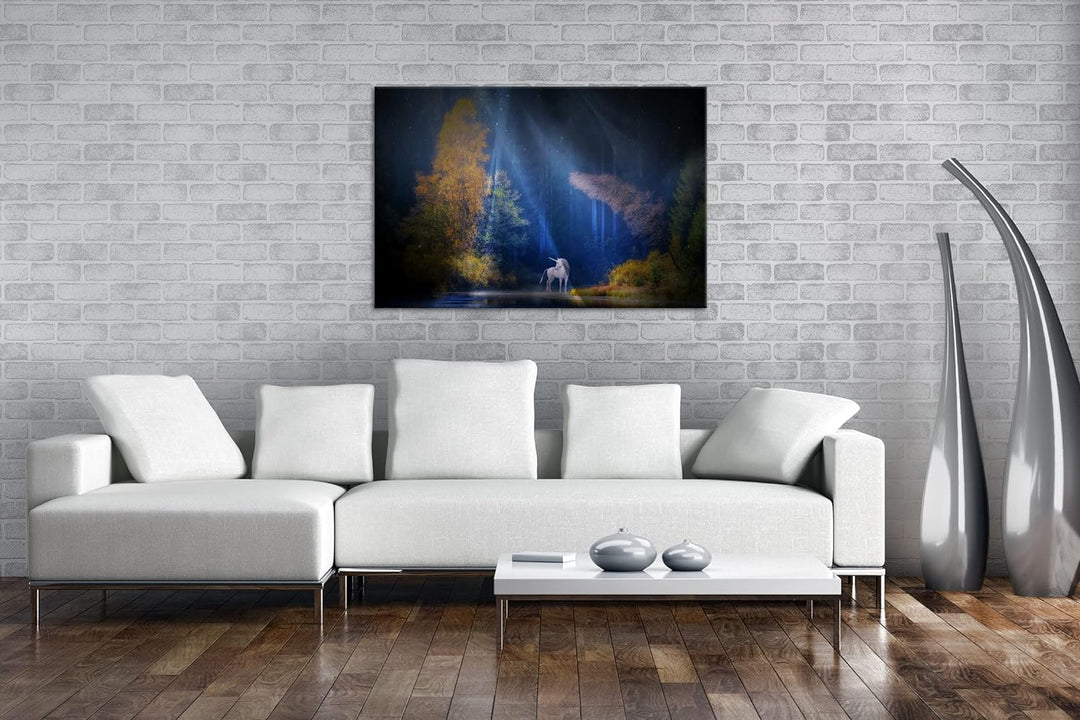 deyoli Einhorn auf einer Waldlichtung Format: 80x60 als Leinwandbild, Motiv fertig gerahmt auf Echth