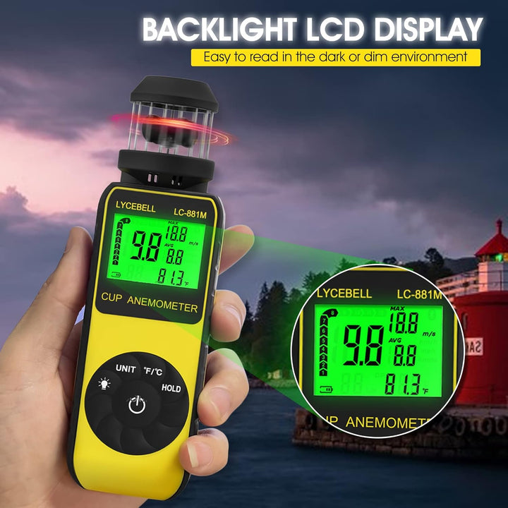 LYCEBELL Windmesser Windmessgerät, Handheld Digitaler Anemometer, Misst Windgeschwindigkeit Luftfeuc
