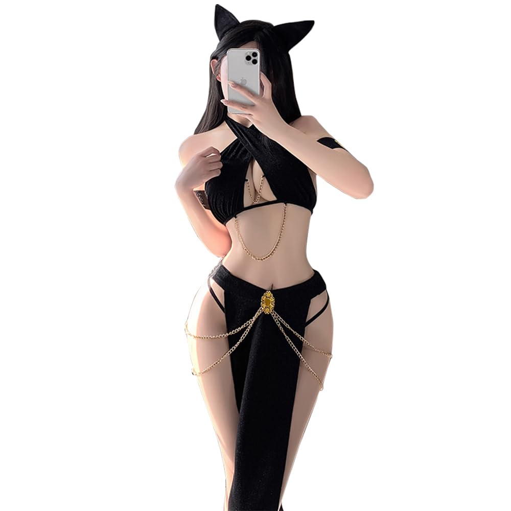 JasmyGirls Sexy Cosplay Dessous Katze Ägyptische Kleopatra Kostüm Halloween Prinzessin Leia Outfit S