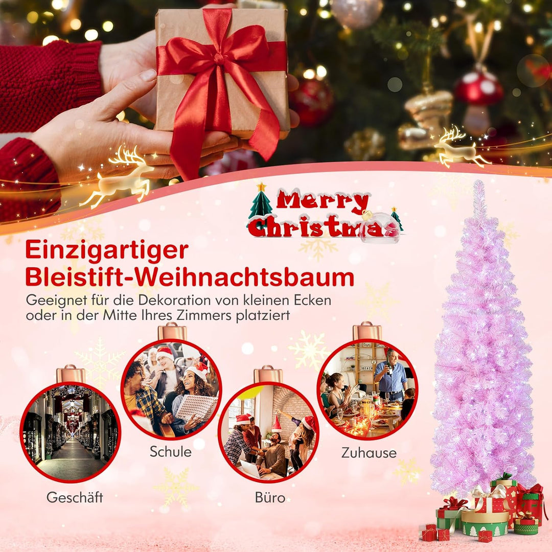 COSTWAY 180cm Künstlicher Weihnachtsbaum Bleistift, LED beleuchteter Tannenbaum mit 250 kaltweissen