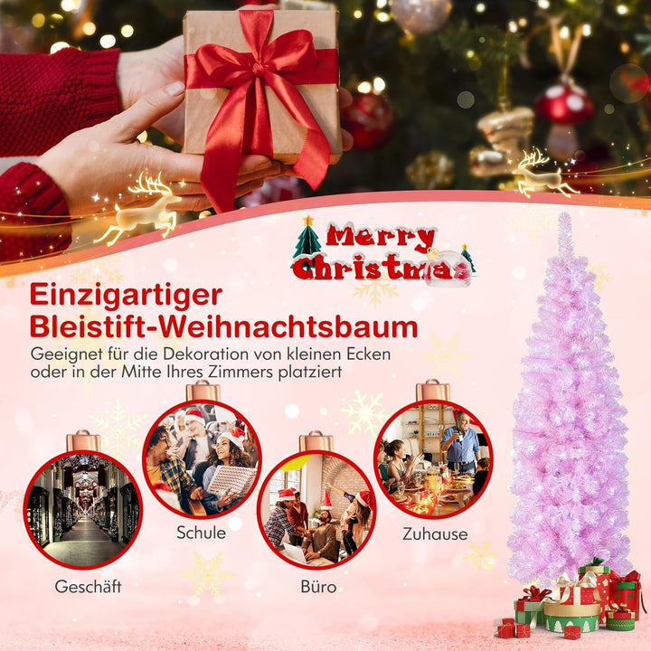 COSTWAY 180cm Künstlicher Weihnachtsbaum Bleistift, LED beleuchteter Tannenbaum mit 250 kaltweissen