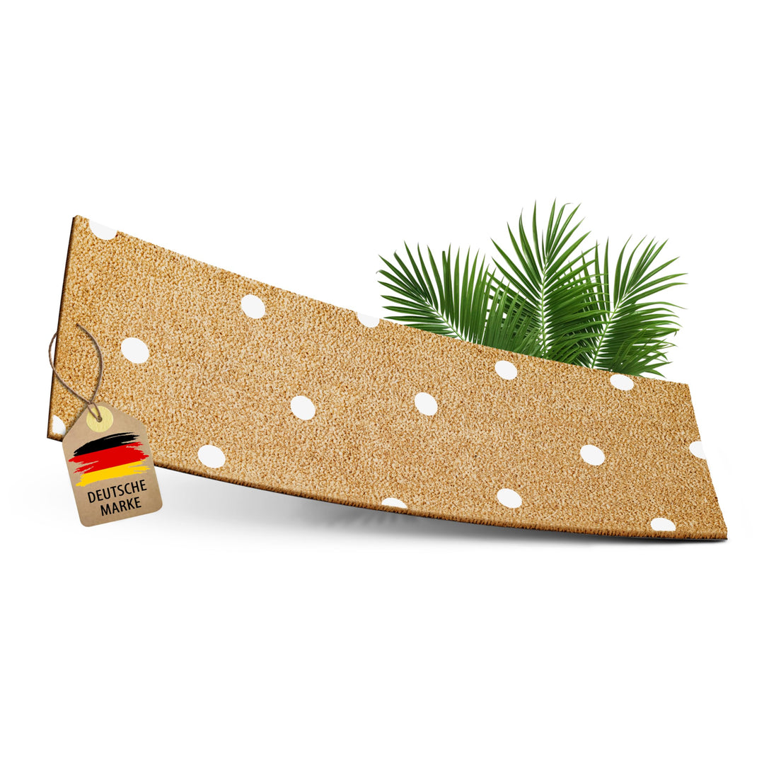 Kokos Fussmatte 75x25cm Punkte in weiss I Extra langlebige & rutschfeste Kokosmatte I Für Innen & Üb