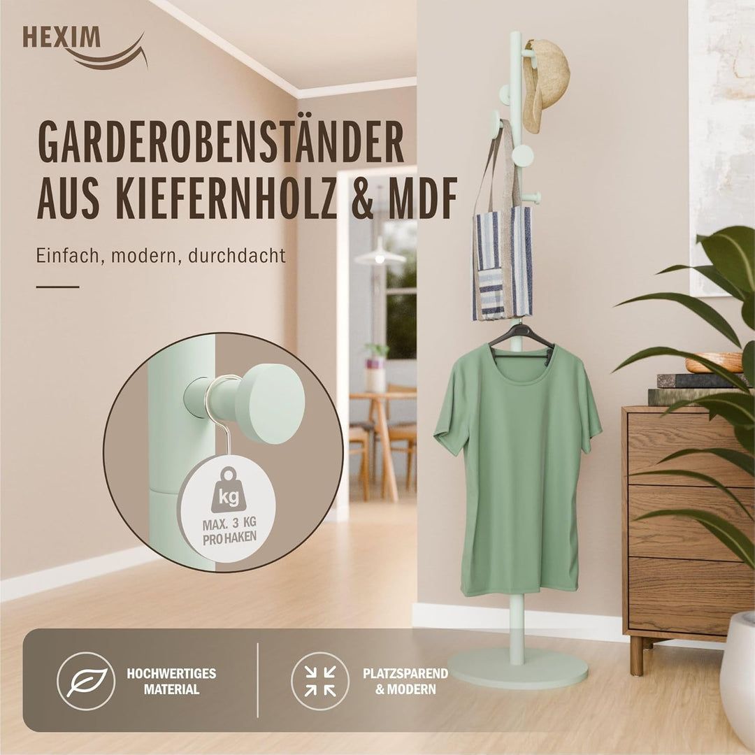 HEXIM Garderobenständer Holz freistehend Türkis - Kleiderständer 175cm mit 8 Haken - Edle Standgarde