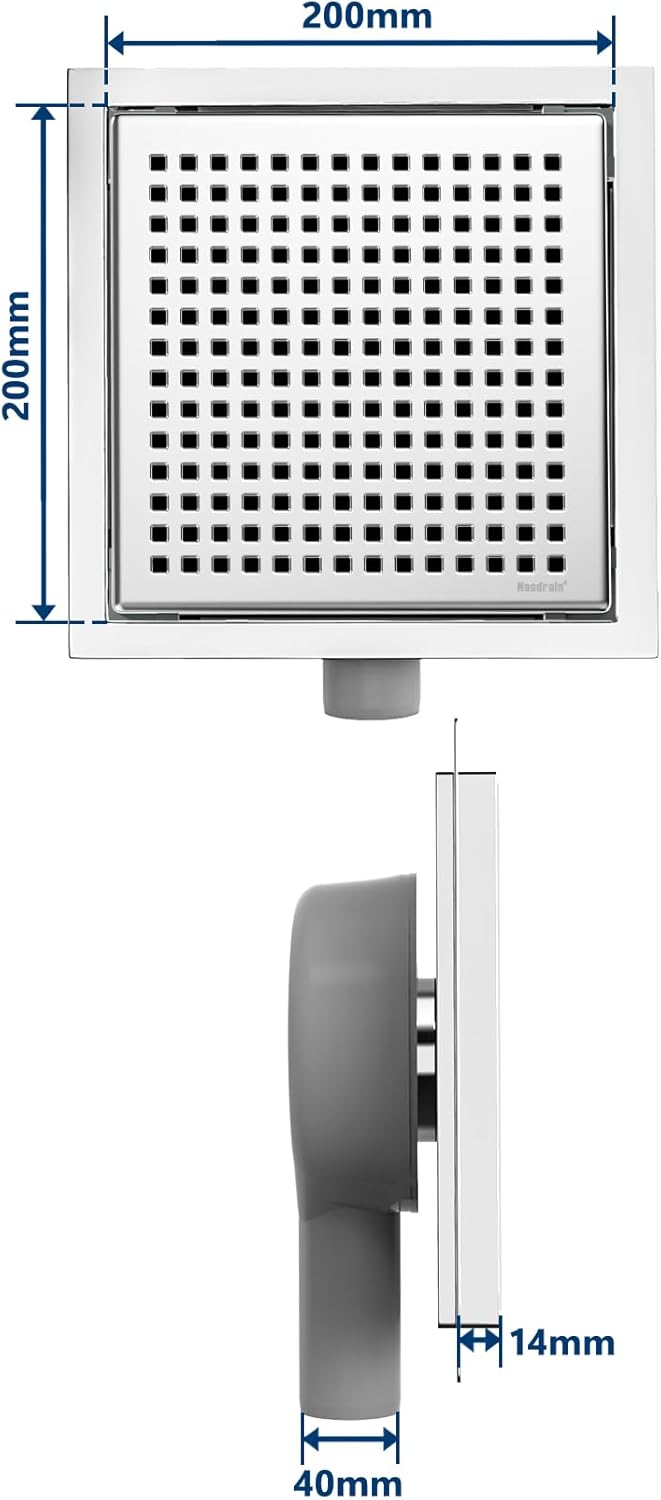 Neodrain Duschrinne Quadrat Edelstahl Bodenablauf Dusche 20 x 20 cm mit 360° Siphon, Geruchsverschlu