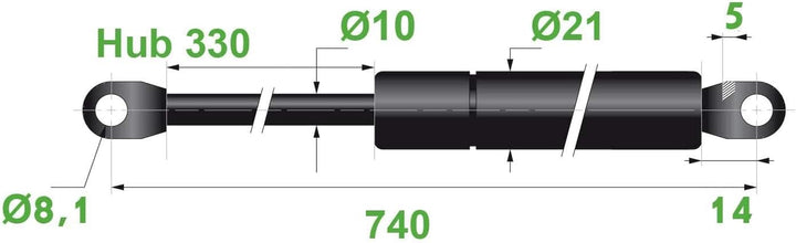 Trupa Gasdruckfeder 10/21 8,1 Hub=330 L=740mm 500N Made in EU(0161)