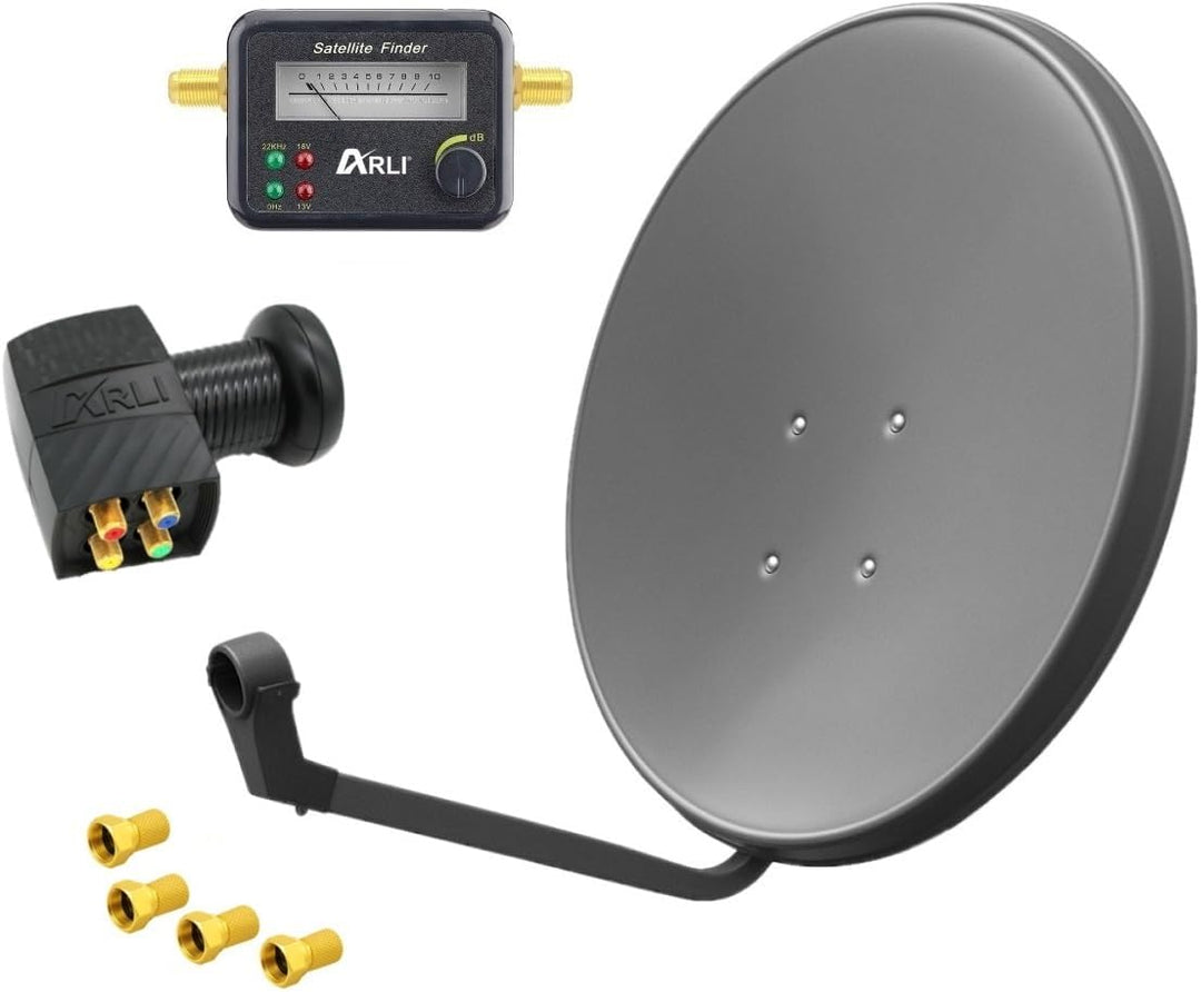 60cm HD Sat Anlage Quad LNB + Satfinder + 4 F-Stecker Digital 2 Teilnehmer Antenne grau UHD 4K, + Sa