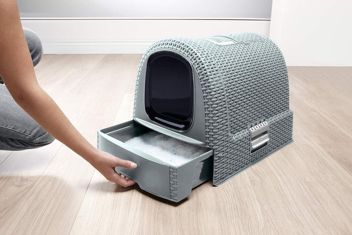 Curver petlife Katzentoilette mit Deckel, Katzenklo inklusive Schaufel, moderne Rattangeflecht-Optik