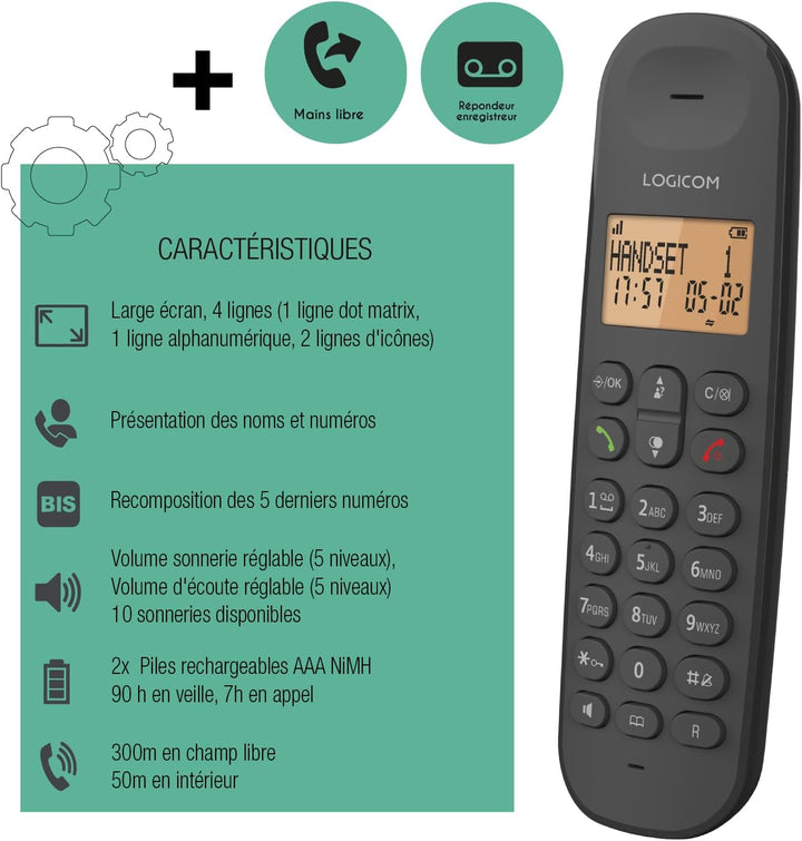 Logicom Iloa 155T Schnurloses Festnetztelefon mit Anrufbeantworter – Solo – analoge und DECT-Telefon