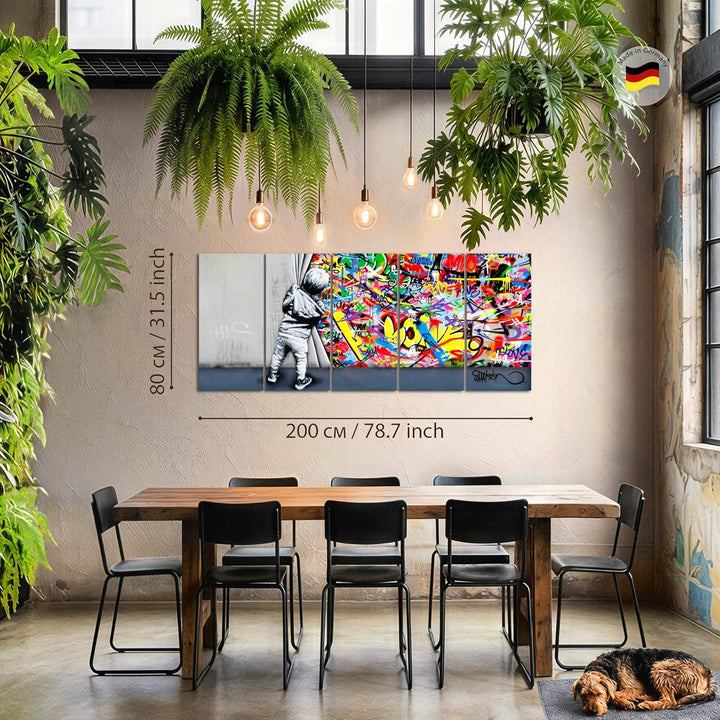 Runa Art Wandbild XXL Banksy Behind the curtain Loft Wohnzimmer 200 x 80 cm Graffiti 5 Teilig - Made