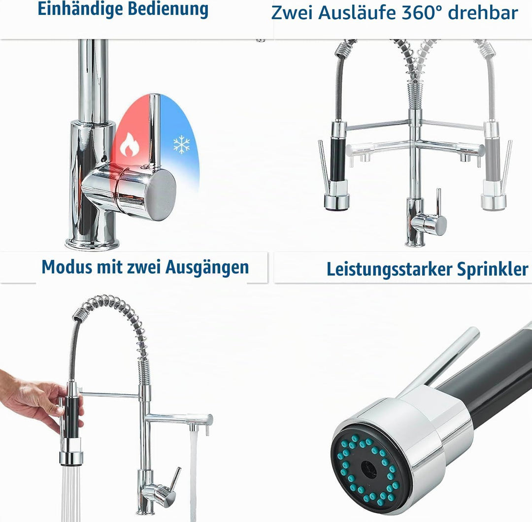 Wasserhahn Küche Ausziehbar Küchenarmatur mit Zwei Auslauf &amp; Zwei Strahlarten 360° drehbar Mischbatt