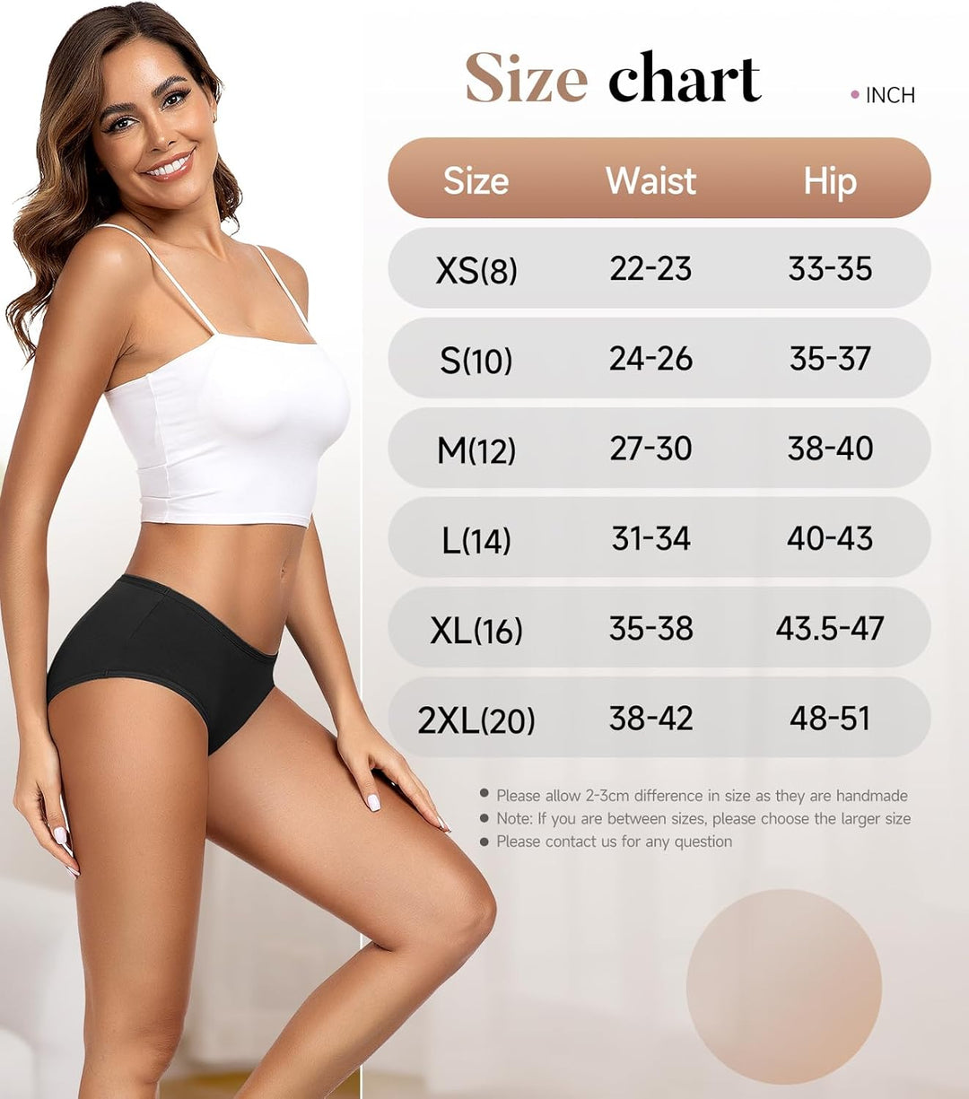 TANSTC Damen Unterhosen Baumwolle 6er-Pack Hipster Slips, Niedrige Taille & Stretch, Atmungsaktiv S