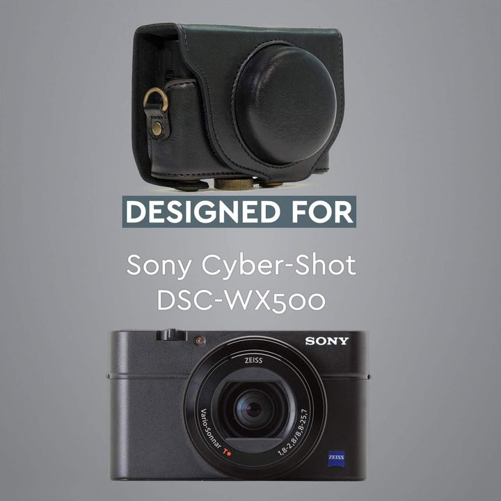 MegaGear MG599 Ever Ready Leder Kameratasche mit Trageriemen für Sony Cyber-Shot DSC-WX500 schwarz,