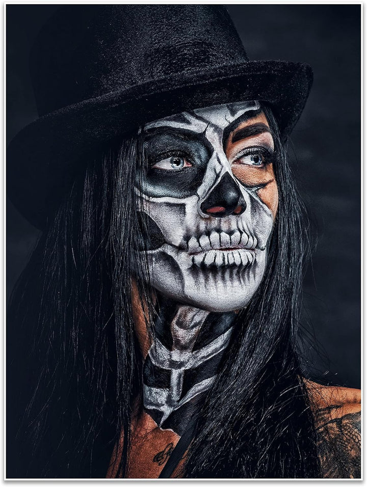 wandmotiv24 Poster als Wanddeko, Grösse 80x60cm, Model mit Totenkopf Makeup, Schminke, Hut, Frau, Mo