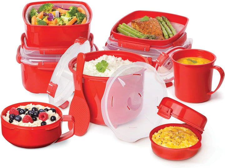 Sistema Microwave Reiskocher, 2,6 l, rot/transparent & Microwave Dampfgarer, mittelgross mit herausn