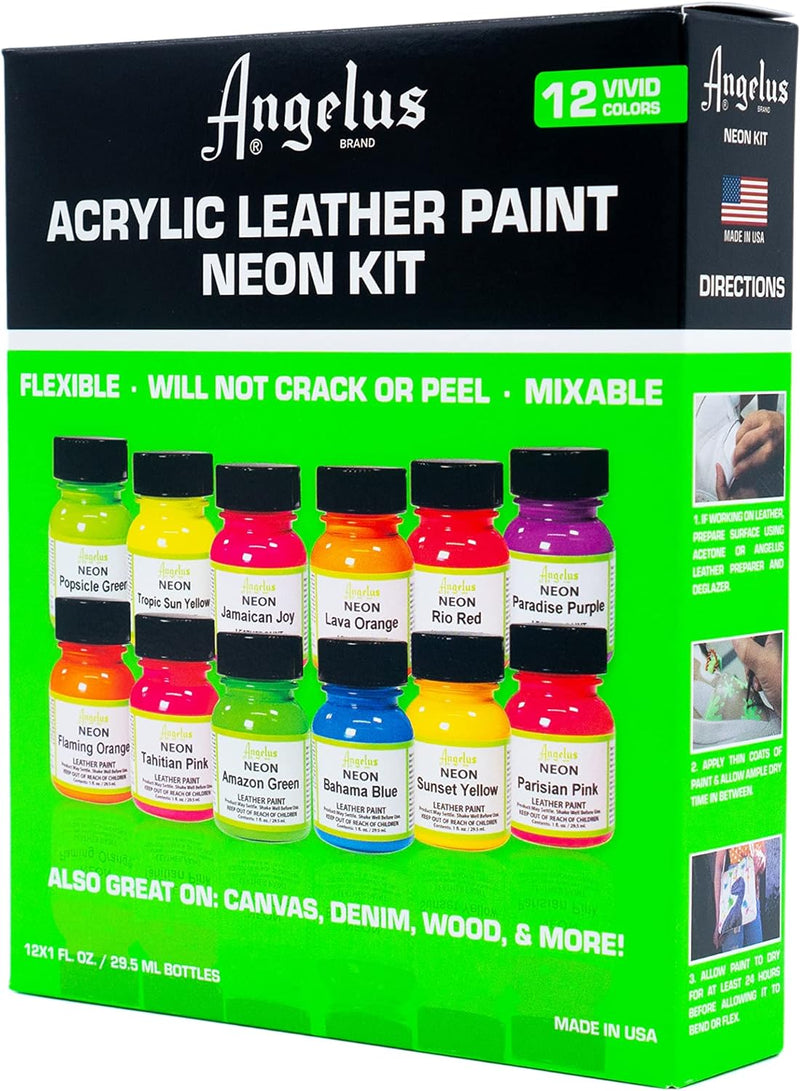 Angelus NEON Acrylic Leather Paint Starter Kit by Angelus 28.3 g (12er Pack), 28.3 g (12er Pack)