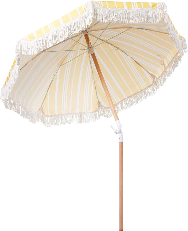 Sonnenschirm mit Volant Regenschutz Holzmast gelb rund ⌀ 150 cm Boho Mondello