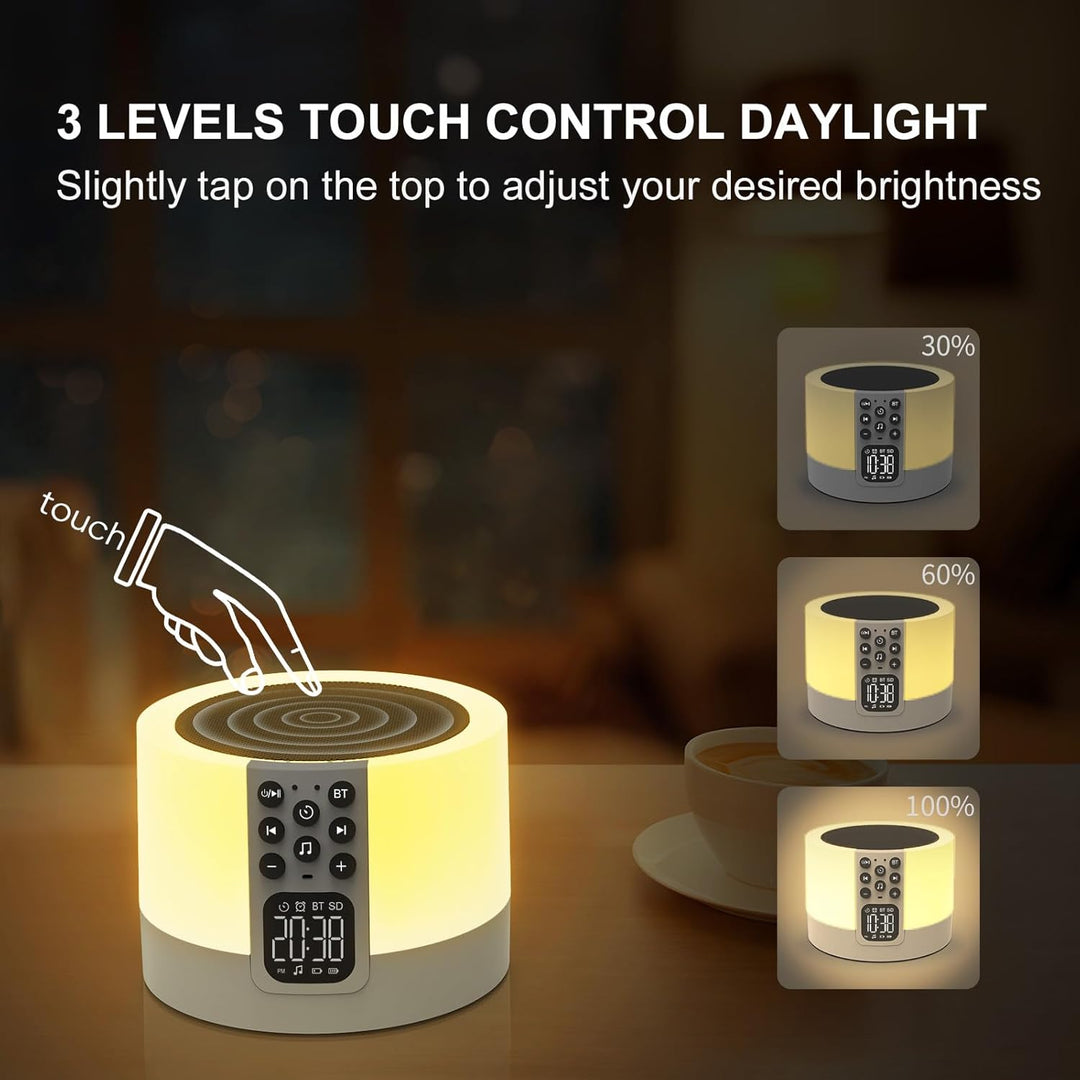 Bluetooth Lautsprecher mit Licht und Digital Wecker, White Noise Machine, Touch Dimmbares Nachtlicht