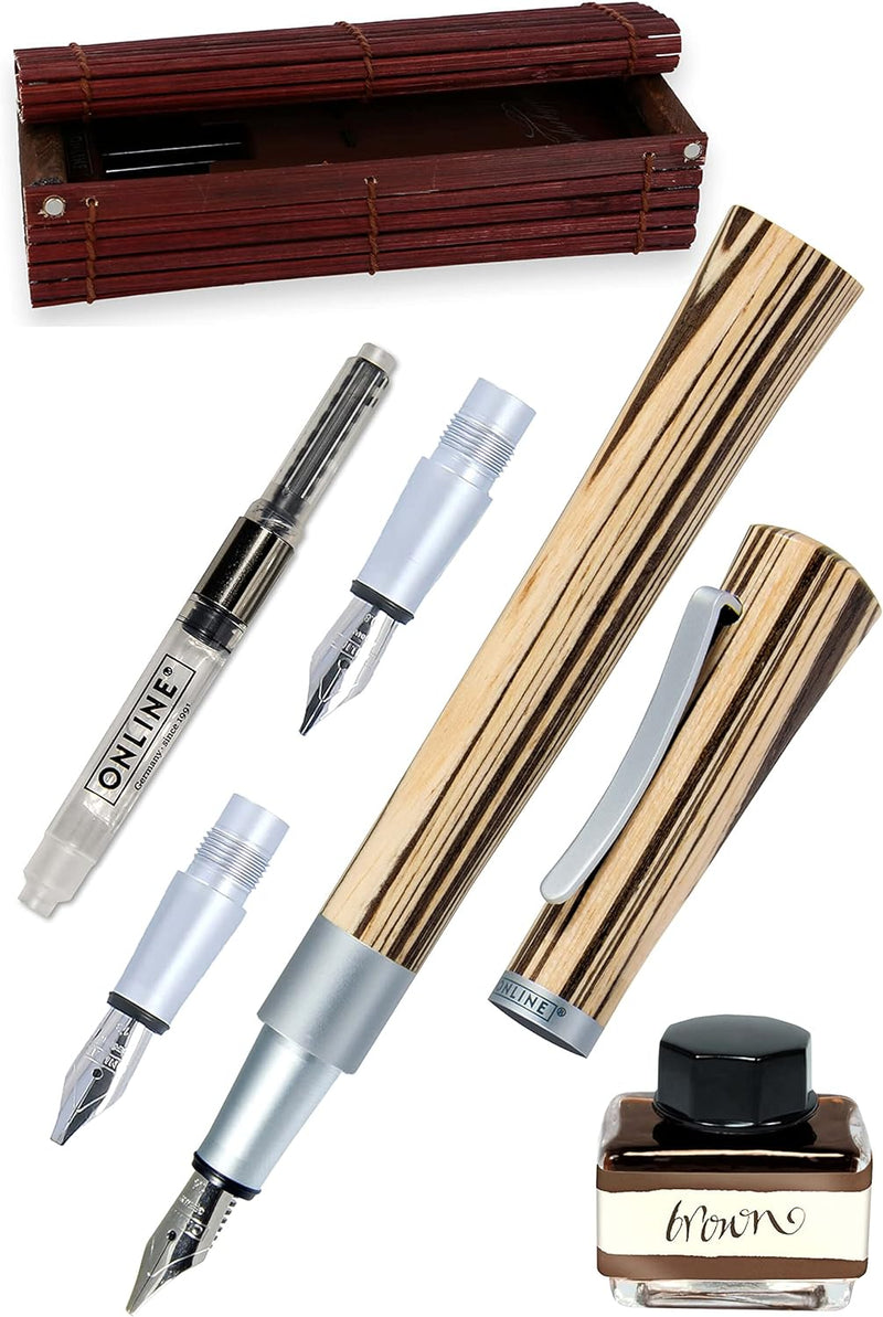 ONLINE Kalligraphie-Füllhalter Newood, Schönschreib-Füller, natürliches Wawa-Holz in braun, 3 Strich