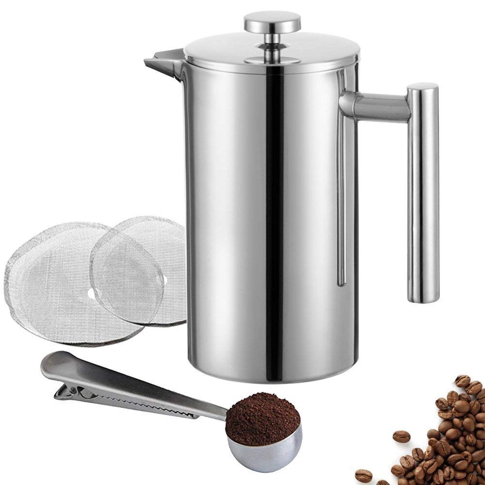 Kaffeebereiter, Französische Presse aus Edelstahl, Kolben mit feinmaschigem Filter + Edelstahl-Messl