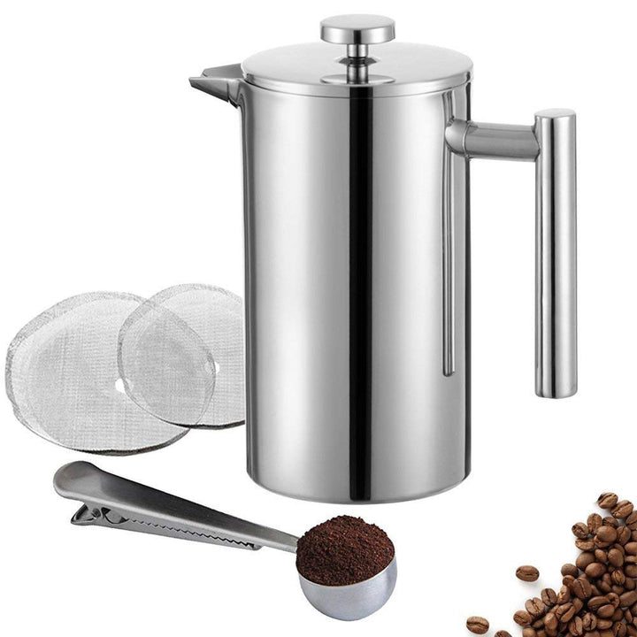 Kaffeebereiter, Französische Presse aus Edelstahl, Kolben mit feinmaschigem Filter + Edelstahl-Messl