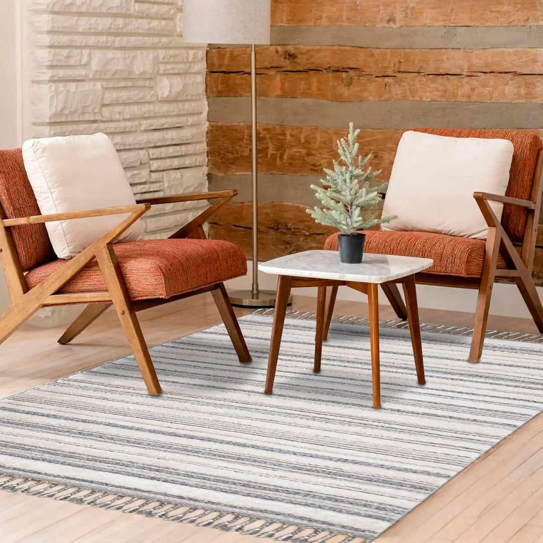 payé Teppich Wohnzimmer - Meliert - 160x230cm - Creme Grau Blau - Hochtief Effekt - Fransen Deko Boh